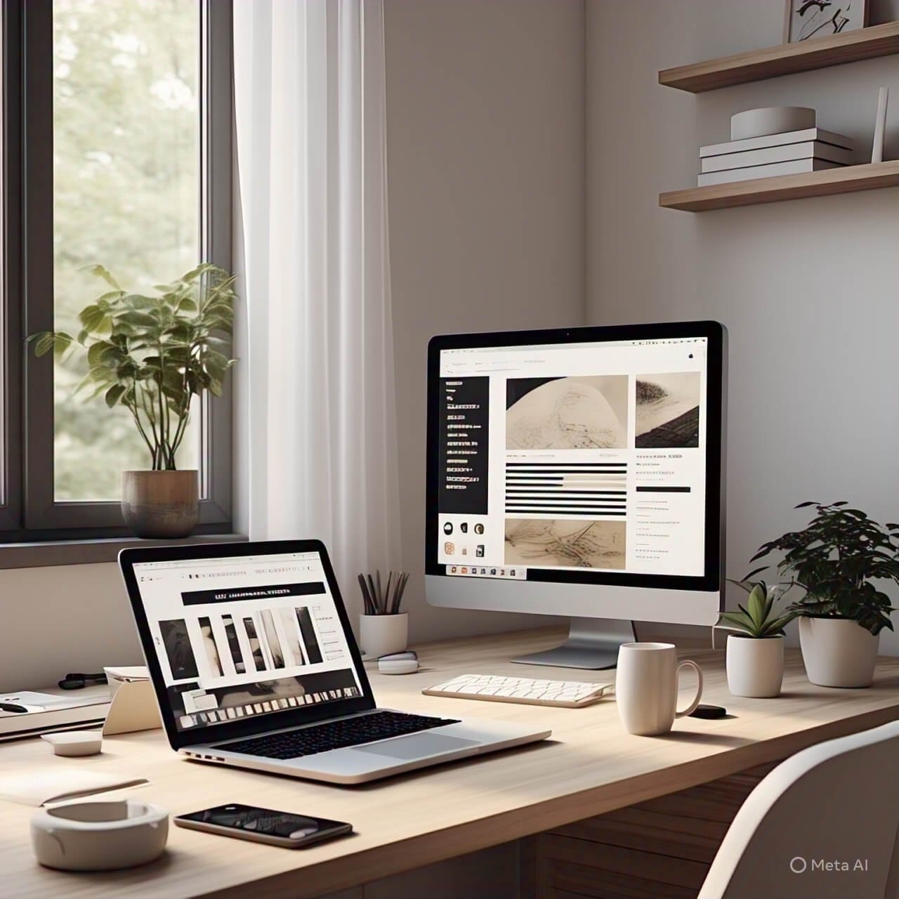 Realistic home workspace with organized digital devices, laptop showing clean desktop, minimal tech setup, cozy lighting, and decluttered modern environment